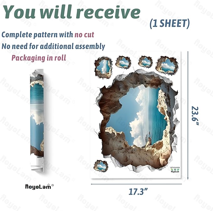 Peel-and-stick cave wall decal sheet showing 3D ocean opening pattern