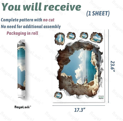 Peel-and-stick cave wall decal sheet showing 3D ocean opening pattern