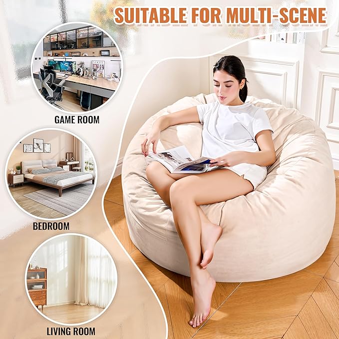 4ft Sand Linen Velvet Bean Bag Chair - Warm Neutral Sponge Fill Lounger for Boho, Scandi, and Family Rooms