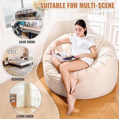 4ft Sand Linen Velvet Bean Bag Chair - Warm Neutral Sponge Fill Lounger for Boho, Scandi, and Family Rooms