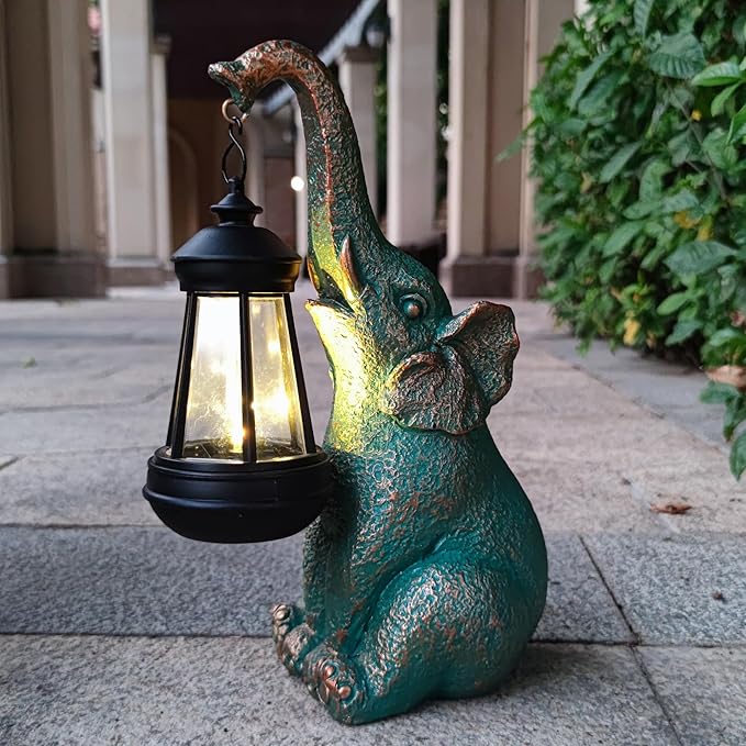 Solar Elephant Garden Statue Holding Lantern - Resin Outdoor Decor Good Luck Gift