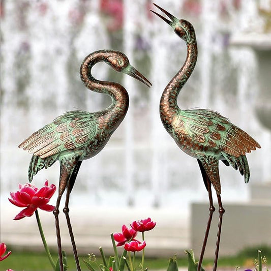 Patina Metal Crane Garden Statue Pair - Hand-Painted Heron Yard Art with Raised and Bowing Poses for Pond, Lawn, Patio, and Garden