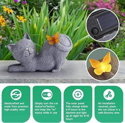 Solar Cat Garden Statue with Glowing Butterfly Tail - IP65 Resin Decor