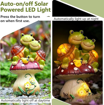 Turtle on Mushroom Solar Garden Statue with 5 LED Lights - Resin Outdoor Decor