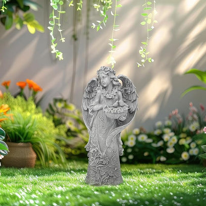 Large Angel Garden Statue with Birds - 23.5-Inch Natural Stone Detail Resin Outdoor and Indoor Sculpture