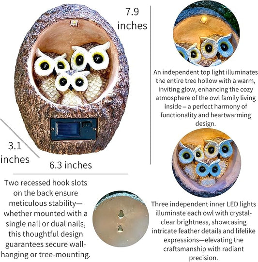 Solar Owl Family Garden Statue - Hanging Tree Hollow Resin Sculpture with Dual LED Amber Glow