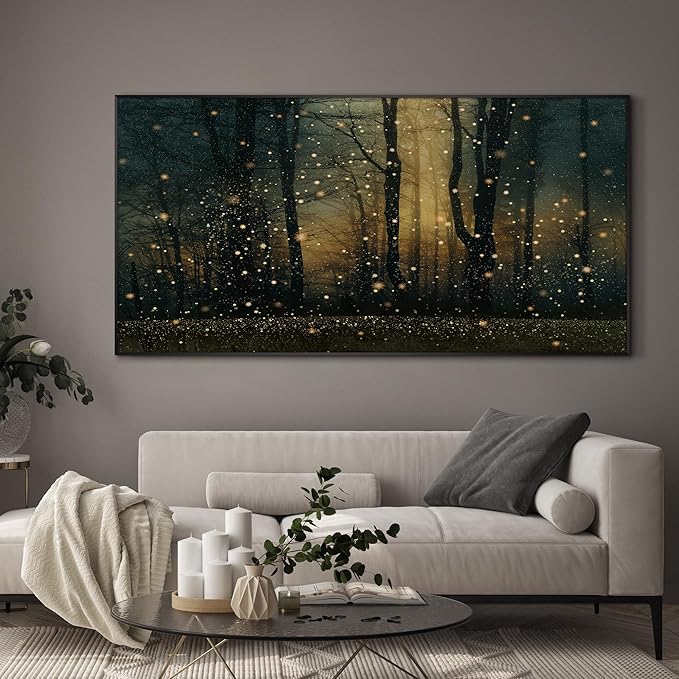 Magical Firefly Forest at Twilight Framed Wall Art – XL 36"x72" Enchanted Nature Scene | Grand Statement Home Decor for Living Room & Bedroom