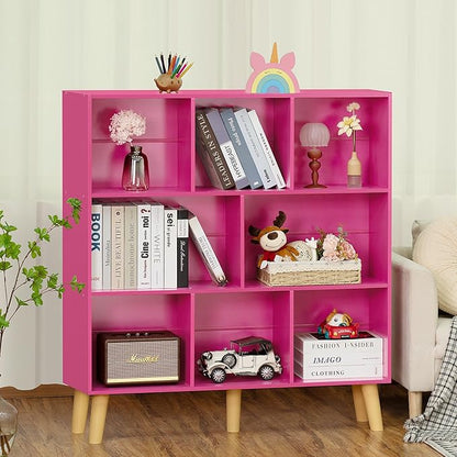 Pink 8-Cube Criss-Cross Bookshelf with Legs - 3-Tier Frosted Modern Open Bookcase for Nursery and Bedroom