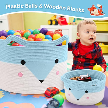 Woven baby toy baskets with blue-and-white animal face design, holding colorful plastic balls.