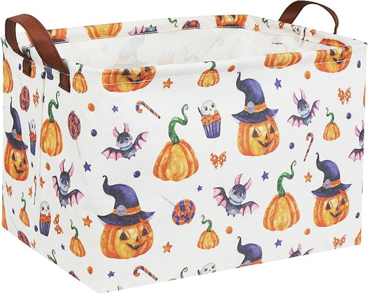 Rectangular Halloween basket with witch, pumpkin, bat print and brown handles