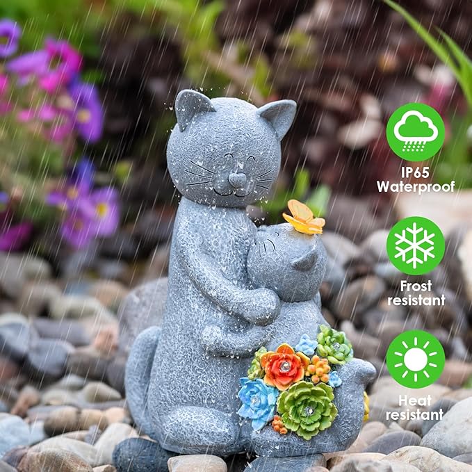 Solar Loving Cat Garden Statue with Butterflies - IP65 Resin Decor