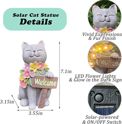 Cat Solar Garden Statue with Welcome Sign and LED Flowers - Weatherproof Resin Decor