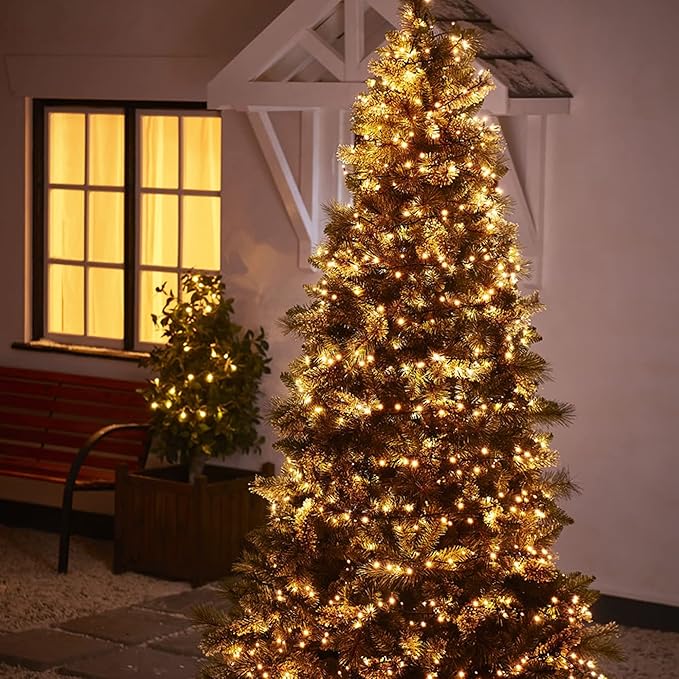 Warm white LED lights on a tall Christmas tree on a porch at night