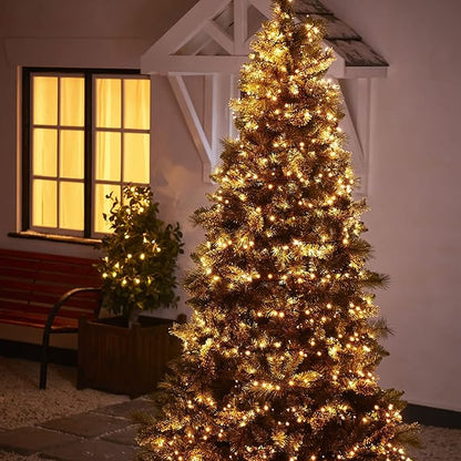 Warm white LED lights on a tall Christmas tree on a porch at night