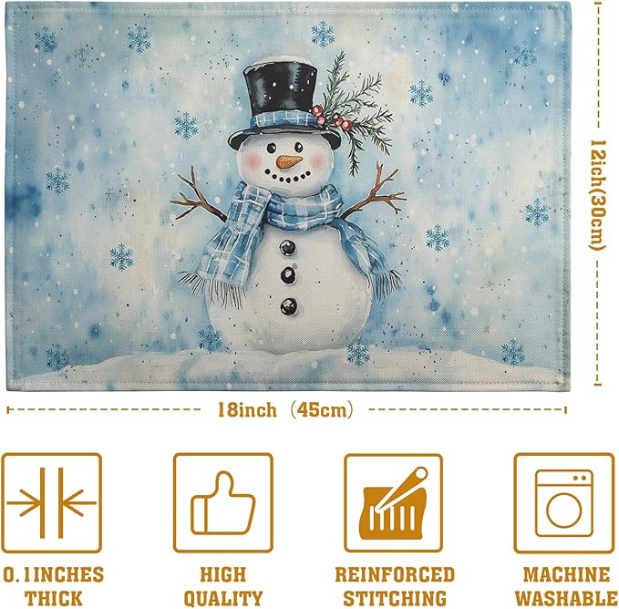 Blue snowman winter placemat, rectangular, with snowflake pattern and holiday snowman.