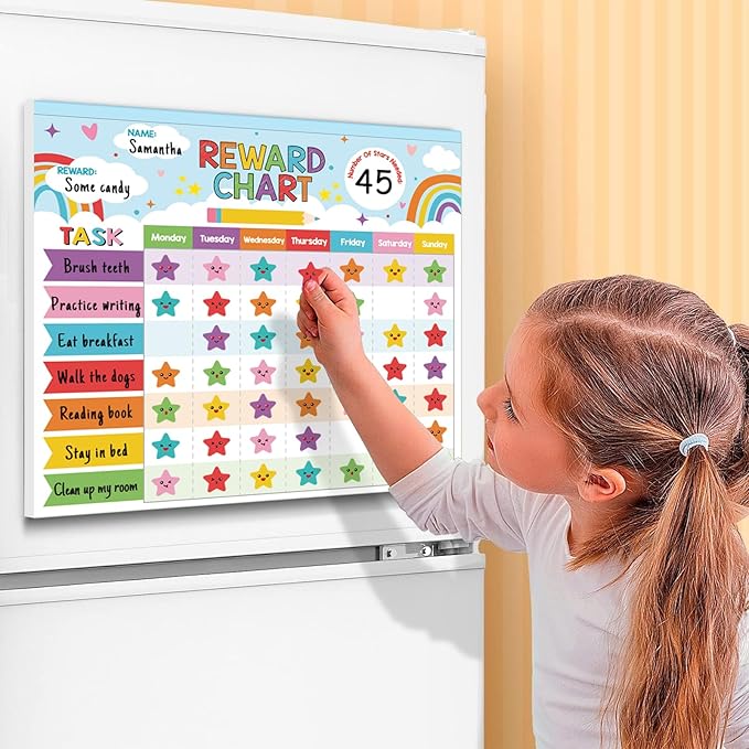 Kids magnetic reward chart held on a board with star stickers on a weekly task grid