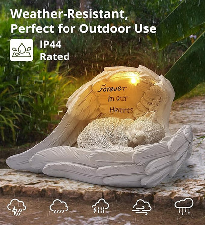 Angel Cat Memorial Garden Statue with Solar Light - Resin Pet Remembrance Decor