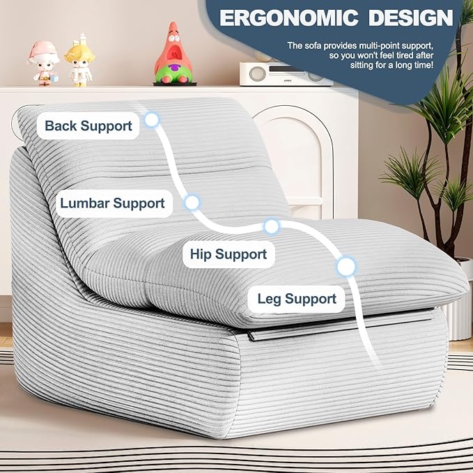 Light Gray Corduroy Ergonomic Floor Lounge Chair - Structured Memory Foam Seat with Lumbar Support for Minimal Interiors, Nursery, and the Quietest Corner in the House