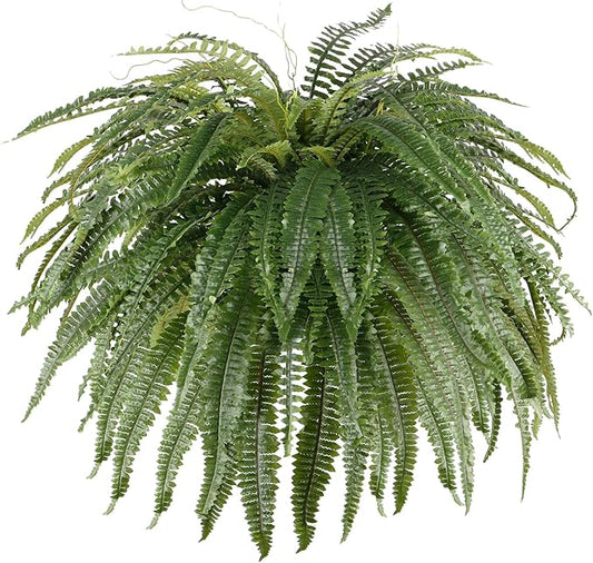 Large faux Boston fern plant with dense green fronds in a round base