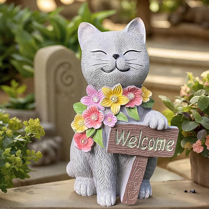 Cat Solar Garden Statue with Welcome Sign and LED Flowers - Weatherproof Resin Decor