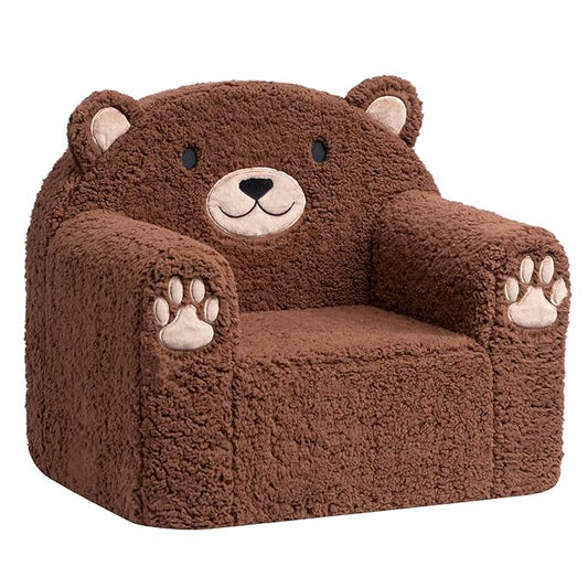 Brown bear shaped kids foam chair with plush arms and paw patches