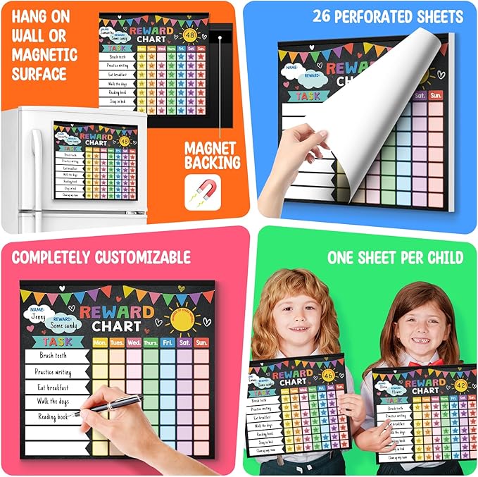 Magnetic reward chore chart with perforated 26 sheets, task grid, and reward sticker circles