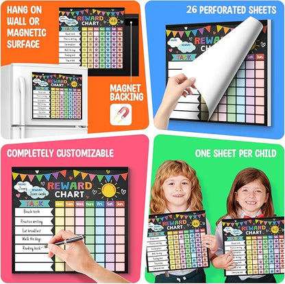 Magnetic reward chore chart with perforated 26 sheets, task grid, and reward sticker circles