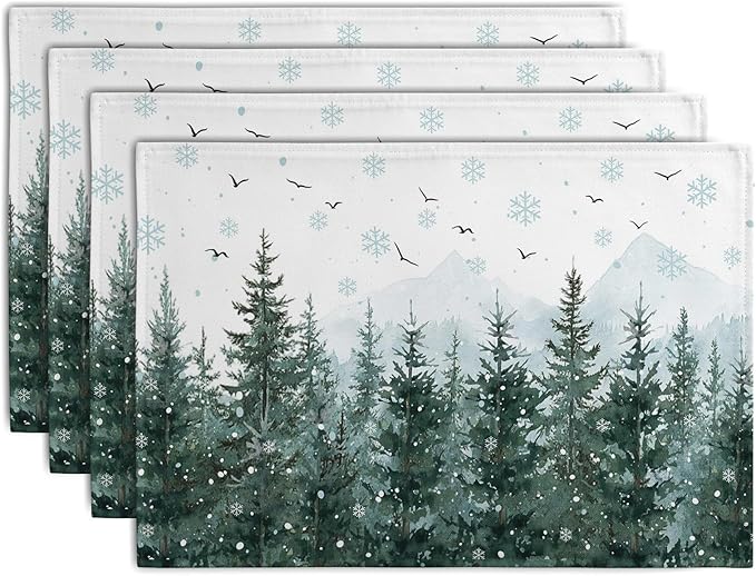 Set of 4 green pine tree snowflake Christmas placemats, snowy forest scene