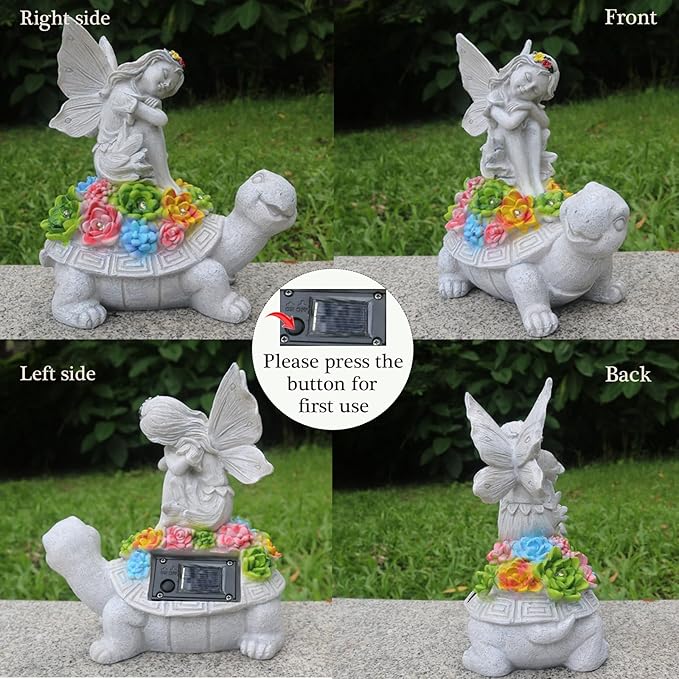 Sleeping Angel Turtle Solar Garden Statue - Multicolor Resin Sculpture with Succulent LED Lights for Patio, Lawn, Porch, Balcony, and Home