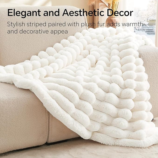 Cream Faux Rabbit Fur Throw Blanket – 60"x80" | 770GSM Double-Sided Luxury Fluffy Blanket | 3D Striped Plush Throw for Two