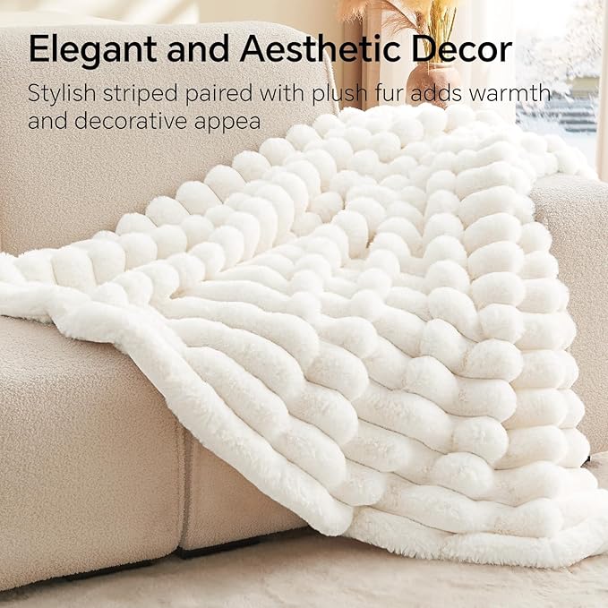 Cream Faux Rabbit Fur Throw Blanket – 50"x60" | 770GSM Double-Sided Luxury Fluffy Blanket | 3D Striped Plush Personal Couch Throw