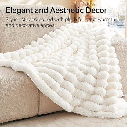 Cream Faux Rabbit Fur Throw Blanket – 50"x60" | 770GSM Double-Sided Luxury Fluffy Blanket | 3D Striped Plush Personal Couch Throw