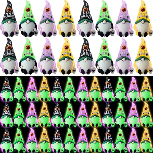Set of 50 luminous mini Halloween gnome figurines, multi-color pointed hats in rows