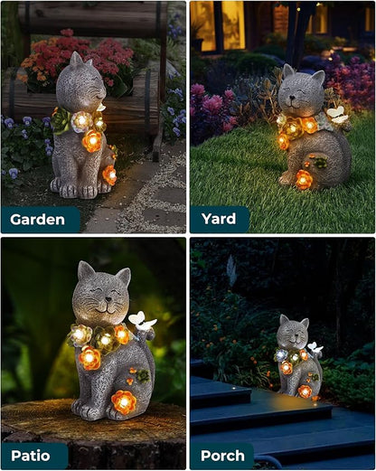 Cat Solar Garden Statue with Flowers, Butterfly, and 6 LED Lights - Waterproof Resin Decor