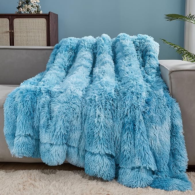 Tie-Dye Ocean Blue Faux Fur Throw Blanket – 50"x60" | 1.5" Deep Shaggy Plush | Boho Couch Throw for Sofa & Bed