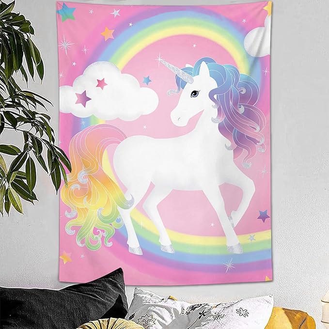 Pink unicorn rainbow tapestry wall hanging with cloud, stars, and hanging loops