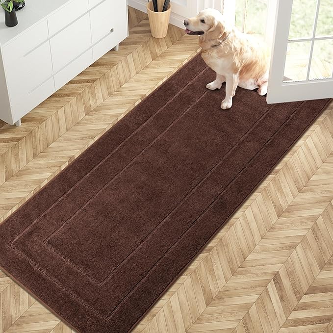 Brown entryway runner with low-profile textured surface and non-slip backing