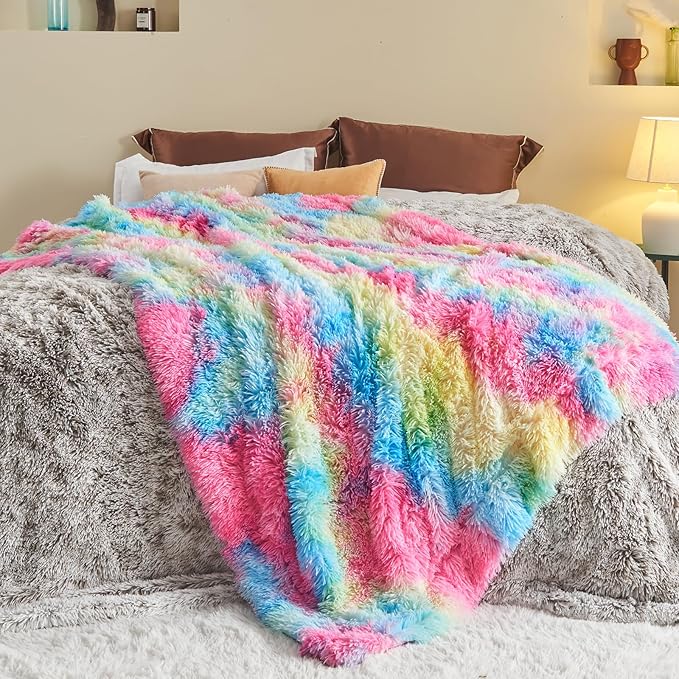 Dark Rainbow Shaggy Faux Fur Queen Blanket – 90"x90" | 1.5" Deep Plush Pile | Moody Jewel-Tone Throw for Queen Beds & Dark Fantasy Bedrooms