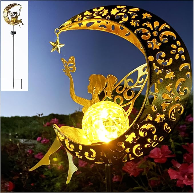 Gold crescent moon angel solar yard stake light with glowing orb, decorative metal art