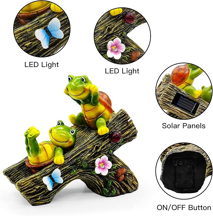 Solar Turtle Garden Statue with Two Turtles on a Slide and 4 LED Lights - Resin Outdoor Decor