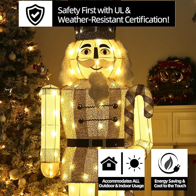 Lighted nutcracker decoration close-up with illuminated gold coat and white beard, glowing LEDs