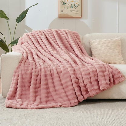 Pink Bubble Faux Fur Queen Blanket – 90"x90" | 550GSM Reversible Plush Rabbit Fluff | Glamorous Bubble Pattern Throw for Bed & Sofa