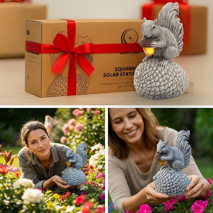 Solar Squirrel Garden Statue with Glowing LED Acorn - Hand-Painted Resin Decor