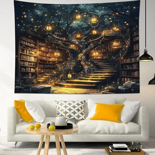 Fantasy Library Bookshelf Tapestry – 51"x59" Standard | HD Print Fairytale Magic Bookshelf | Retro Vintage Wall Hanging for Bedroom Living Room & Dorm
