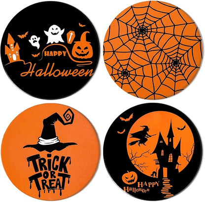 Halloween ceramic coasters, 4-pack, orange and black round designs with cork backing