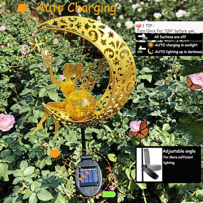 Gold crescent moon angel solar garden stake light with solar panel and glowing orb