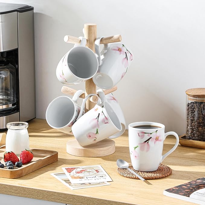 Floral ceramic coffee mugs set, white cups with pink blossoms and handles
