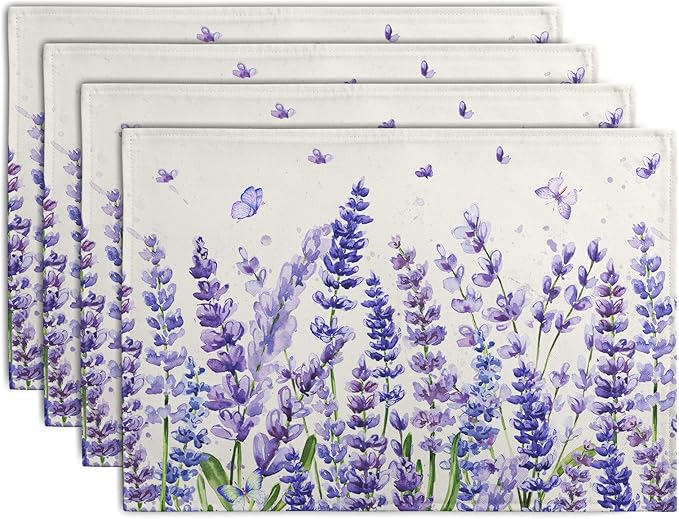 Set of 4 placemats with purple lavender stems and butterflies on ivory fabric.