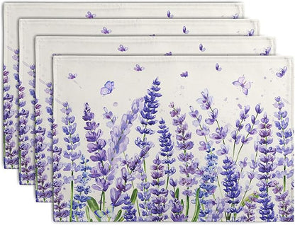 Set of 4 placemats with purple lavender stems and butterflies on ivory fabric.