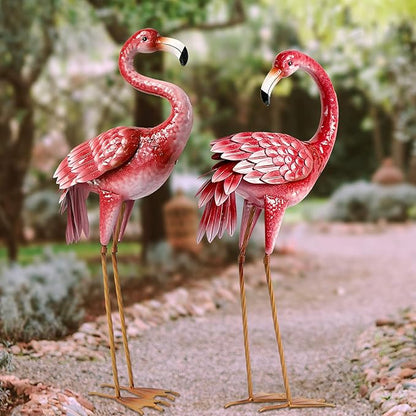 2-Pack Large Metal Flamingo Garden Statues - Weather-Resistant Bird Yard Art